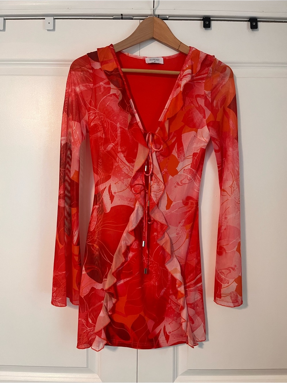 Sheer Red & Coral Tie-Front Mini Dress